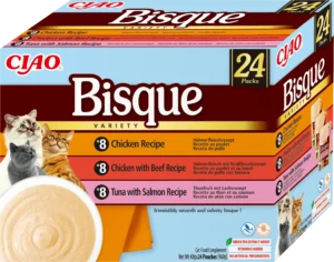 Front packaging of Ciao BISQUE Chicken, beef, tuna and salmon variety 1 - 24 tubes pack