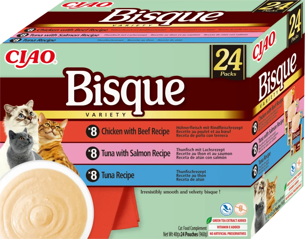Front packaging of Ciao BISQUE Chicken, beef, tuna and salmon variety 2 - 24 tubes pack