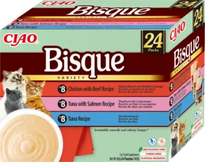 Front packaging of Ciao BISQUE Chicken, beef, tuna and salmon variety 2 - 24 tubes pack