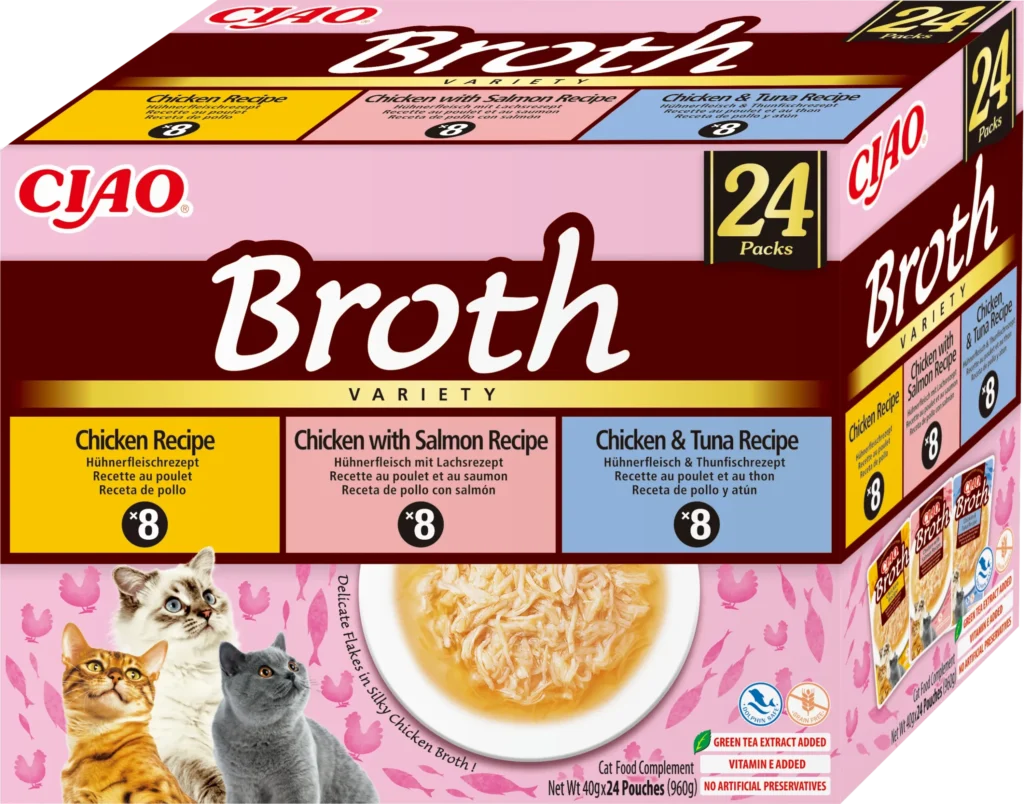 Front packaging of Ciao BROTH Chicken Variety, 24 tubes pack