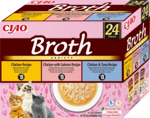 Front packaging of Ciao BROTH Chicken Variety, 24 tubes pack