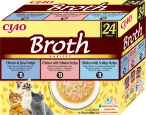 Front packaging of Ciao BROTH Chicken and Seafood Variety, 24 tubes pack