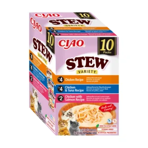 Front packaging of Ciao STEW Chicken Variety, 10 tubes pack