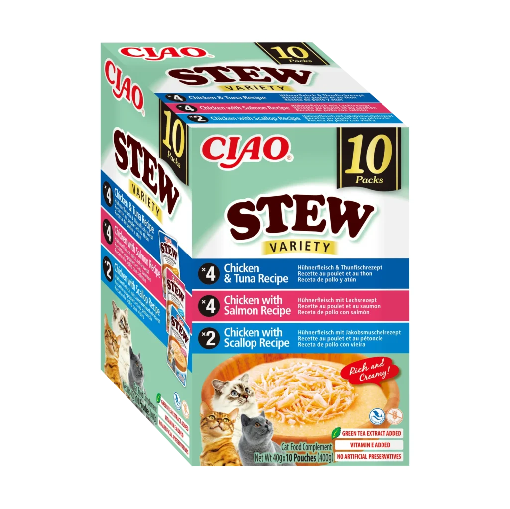 Front packaging of Ciao STEW Chicken and Seafood Variety, 10 tubes pack
