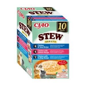 Front packaging of Ciao STEW Chicken and Seafood Variety, 10 tubes pack