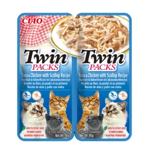 Front packaging of Ciao TWIN PACKS Tuna & Chicken with Scallop Recipe in Scallop Broth