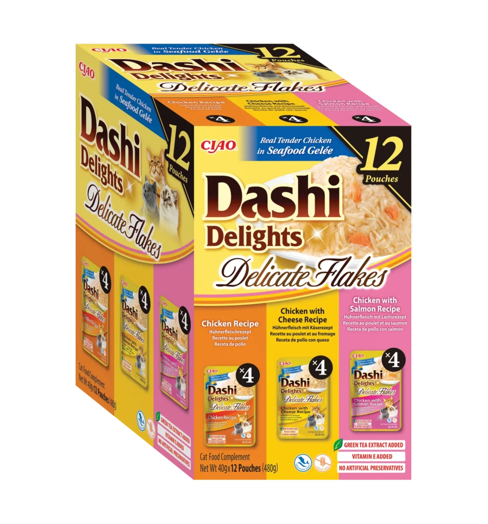 Front packaging of Dashi Delights DELICATE FLAKES 12P Chicken Variety, 12 tubes pack