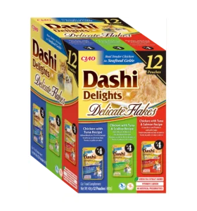 Front packaging of Dashi Delights DELICATE FLAKES 12P Tuna Variety, 12 tubes pack