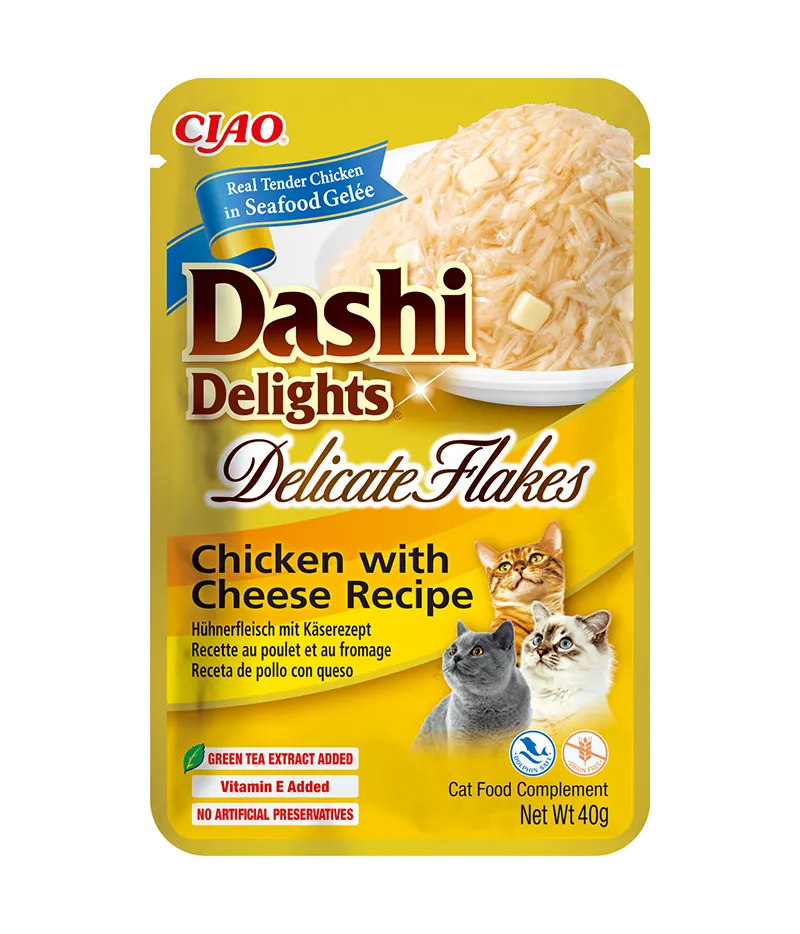 Front packaging of Dashi Delights DELICATE FLAKES Chicken with Cheese Recipe