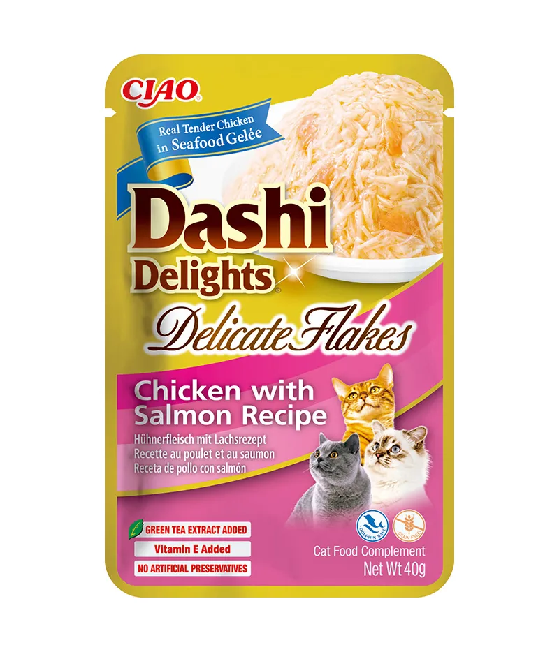 Front packaging of Dashi Delights DELICATE FLAKES Chicken with Salmon Recipe