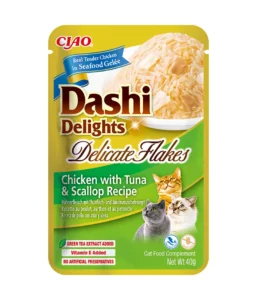 Front packaging of Dashi Delights DELICATE FLAKES Chicken with Tuna & Scallop Recipe