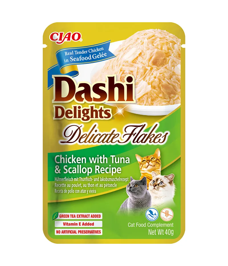 Front packaging of Dashi Delights DELICATE FLAKES Chicken with Tuna & Scallop Recipe