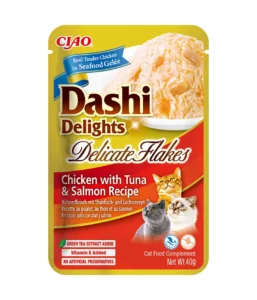 Front packaging of Dashi Delights DELICATE FLAKES Chicken with Tuna & Salmon Recipe
