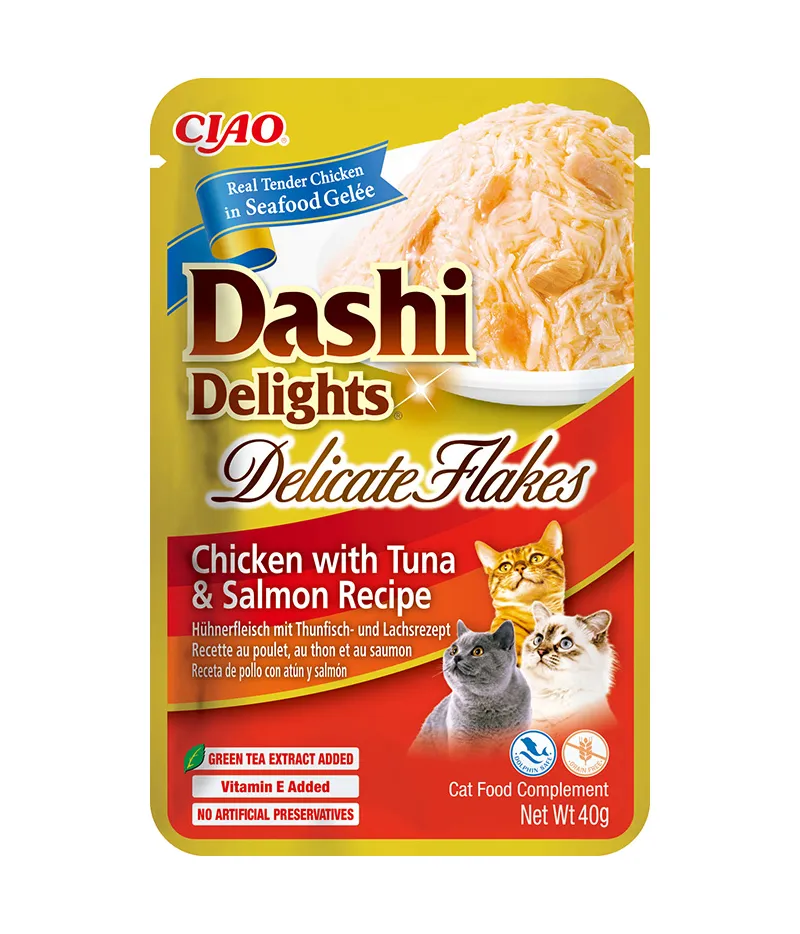 Front packaging of Dashi Delights DELICATE FLAKES Chicken with Tuna & Salmon Recipe