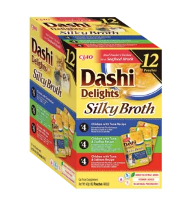 Front packaging of Dashi Delights SILKY BROTH 12P Tuna Variety, 12 tubes pack