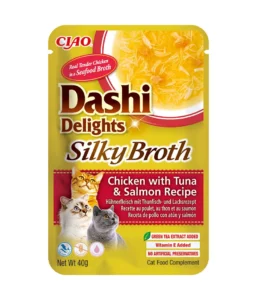 Front packaging of Dashi Delights SILKY BROTH Chicken with Tuna & Salmon Recipe