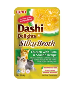 Front packaging of Dashi Delights SILKY BROTH Chicken with Tuna & Scallop Recipe