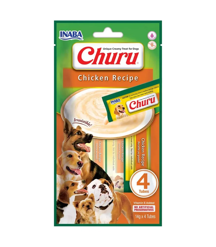 Front packaging of Dog Churu 4P Chicken Recipe, 4 tubes pack