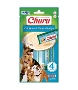 Front packaging of Dog Churu 4P Chicken with Cheese Recipe, 4 tubes pack