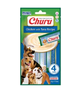 Front packaging of Dog Churu 4P Chicken with Tuna Recipe, 4 tubes pack
