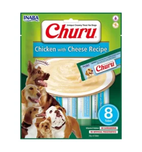 Front packaging of Dog Churu 8P Chicken with Cheese Recipe, 8 tubes pack
