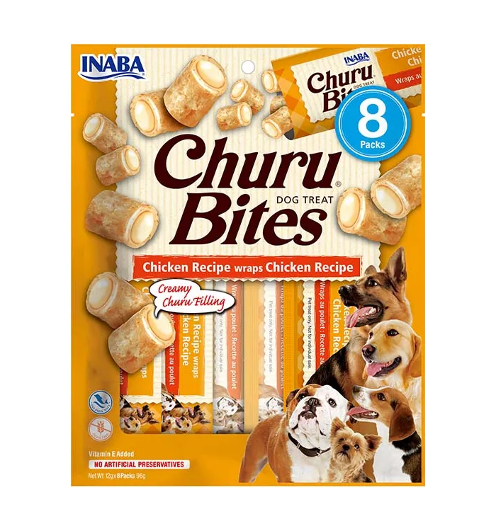 Front packaging of Dog Churu BITES Chicken Recipe wraps Chicken Recipe