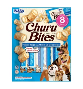 Front packaging of Dog Churu BITES Chicken Recipe wraps Chicken with Cheese Recipe