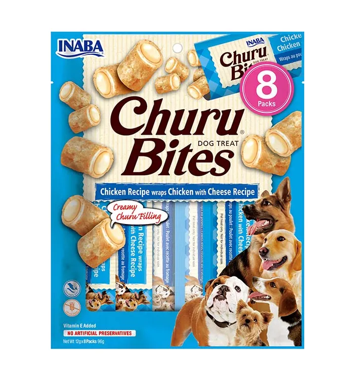 Front packaging of Dog Churu BITES Chicken Recipe wraps Chicken with Cheese Recipe
