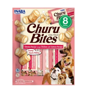Front packaging of Dog Churu BITES Chicken Recipe wraps Chicken with Salmon Recipe