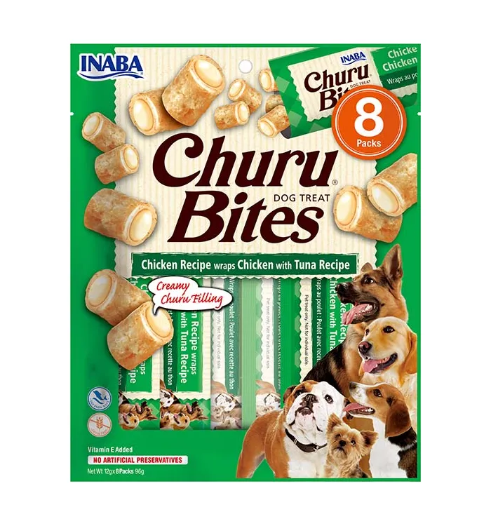 Front packaging of Dog Churu BITES Chicken Recipe wraps Chicken with Tuna Recipe