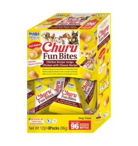 Front packaging of Dog Churu FUN BITES Chicken Recipe wraps Chicken with Cheese Recipe
