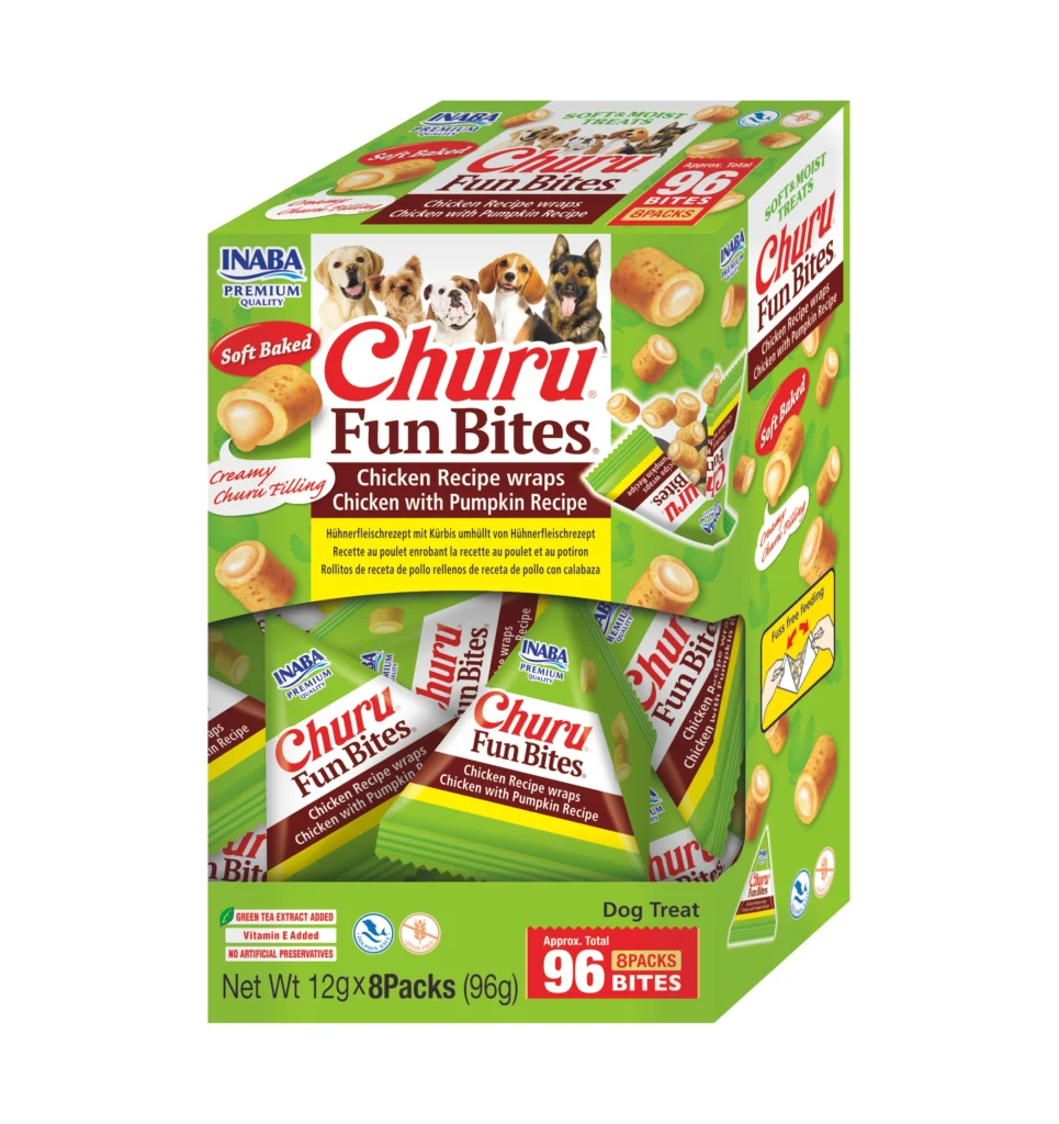 Front packaging of Dog Churu FUN BITES Chicken Recipe wraps Chicken with Pumpkin Recipe