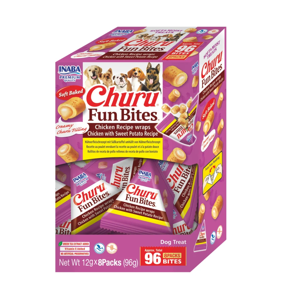 Front packaging of Dog Churu FUN BITES Chicken Recipe wraps Chicken with Sweet Potato Recipe