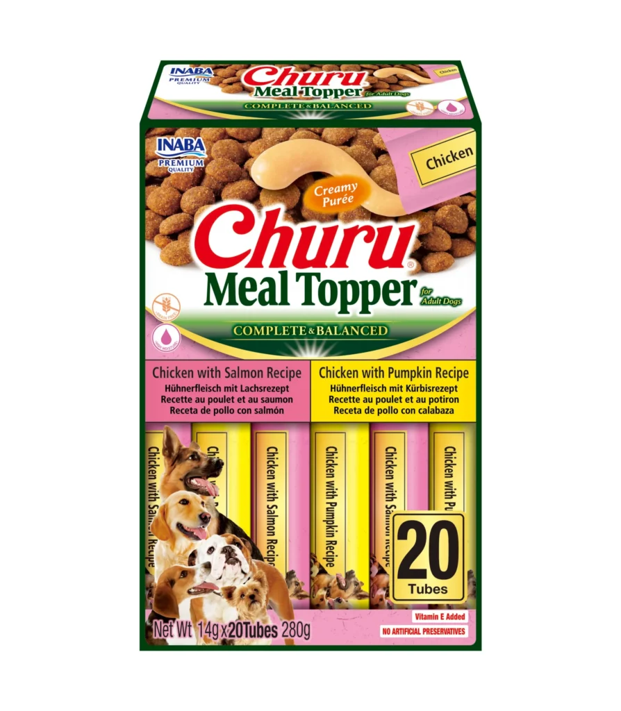 Front packaging of Dog Churu MEAL TOPPER 20P Salmon & Pumpkin Variety, 20 tubes pack