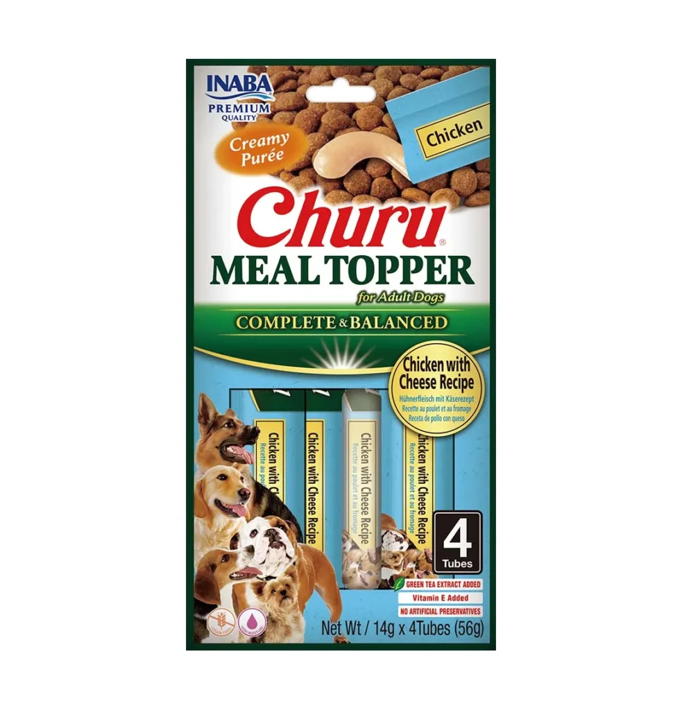 Front packaging of Dog Churu MEAL TOPPER Chicken with Cheese Recipe
