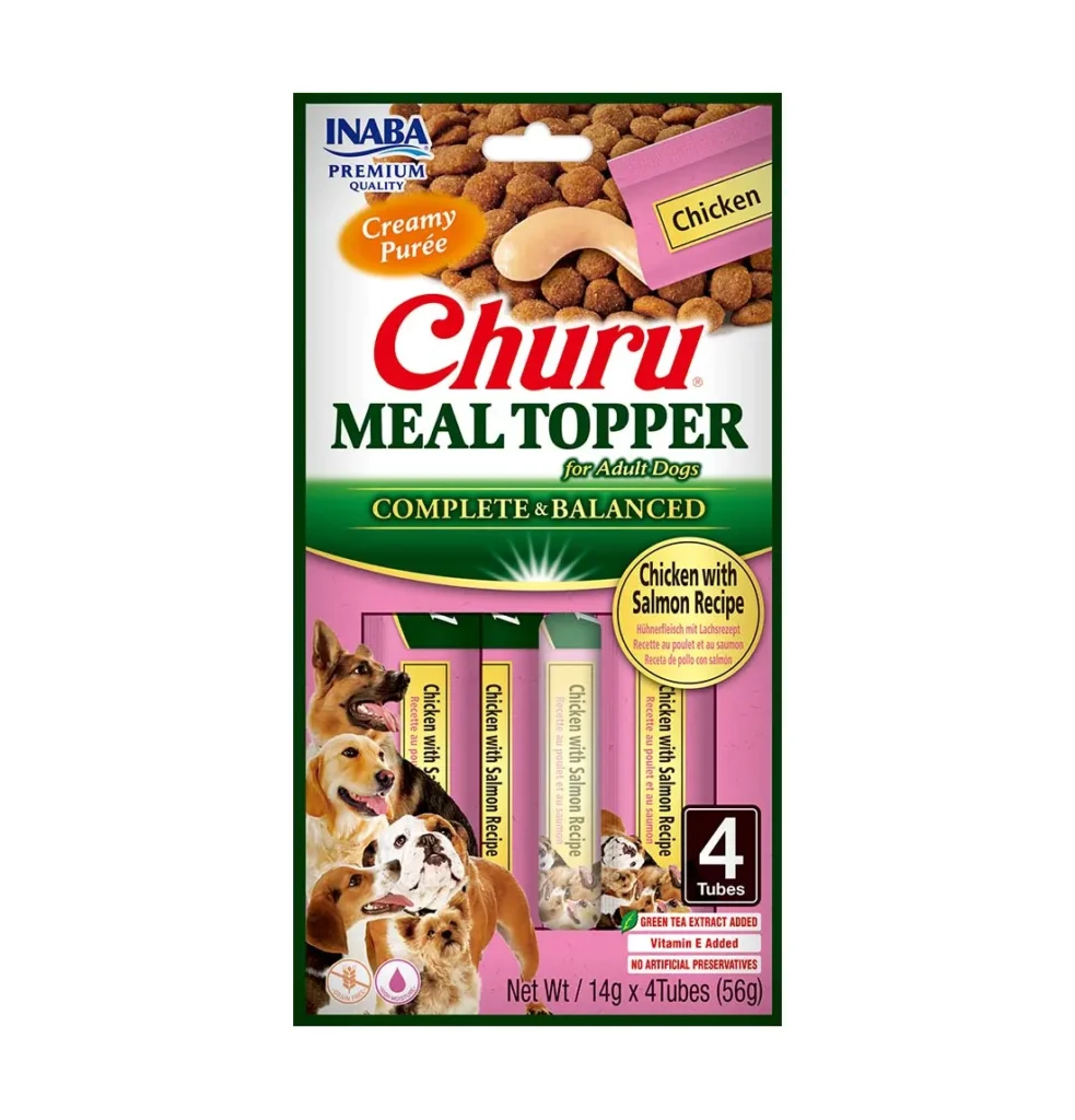 Front packaging of Dog Churu MEAL TOPPER Chicken with Salmon Recipe