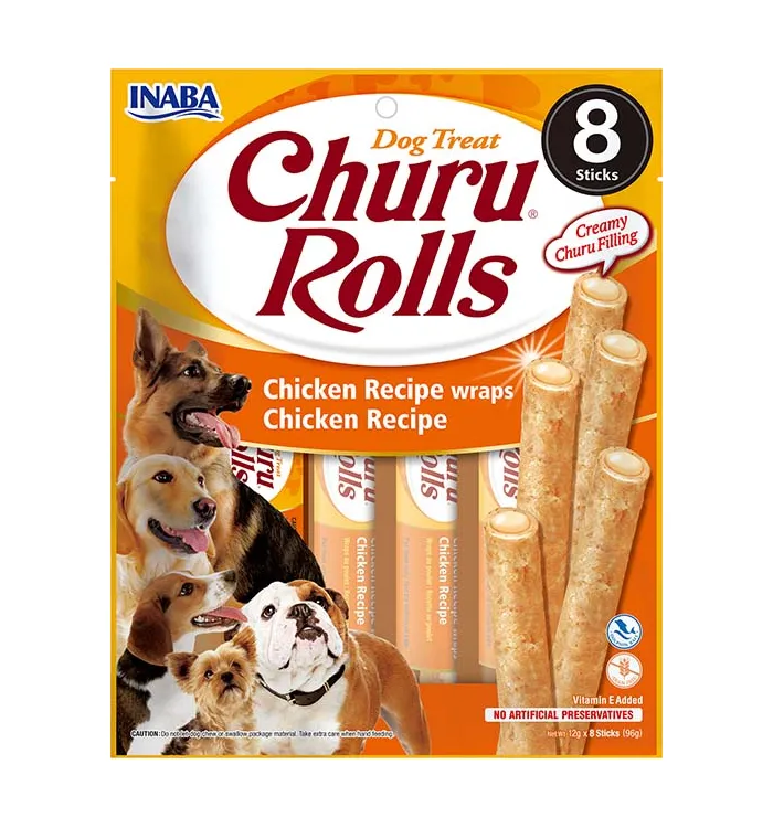 Front packaging of Dog Churu ROLLS Chicken Recipe wraps Chicken Recipe