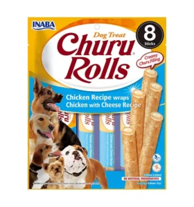Front packaging of Dog Churu ROLLS Chicken Recipe wraps Chicken with Cheese Recipe