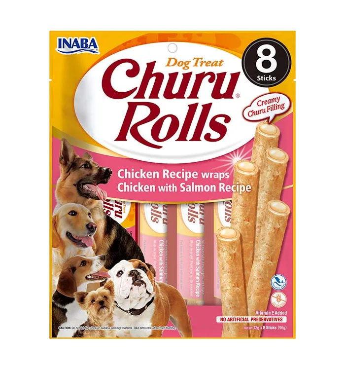 Front packaging of Dog Churu ROLLS Chicken Recipe wraps Chicken with Salmon Recipe