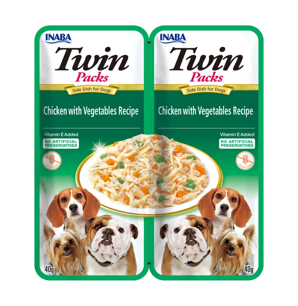 Front packaging of Inaba TWIN PACKS Chicken with Vegetables Recipe in Chicken Broth