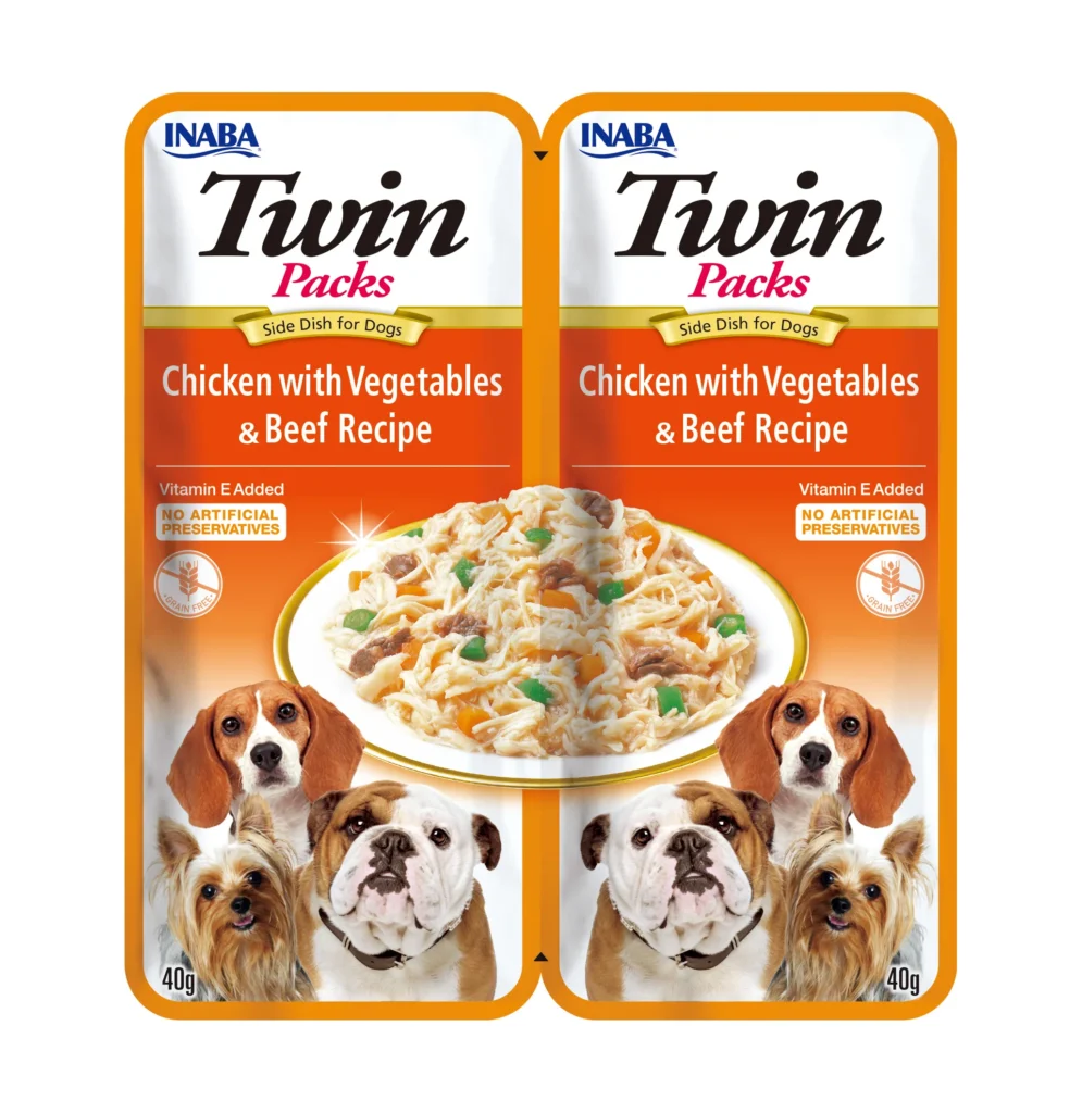 Front packaging of Inaba TWIN PACKS Chicken with Vegetables & Beef Recipe in Chicken Broth